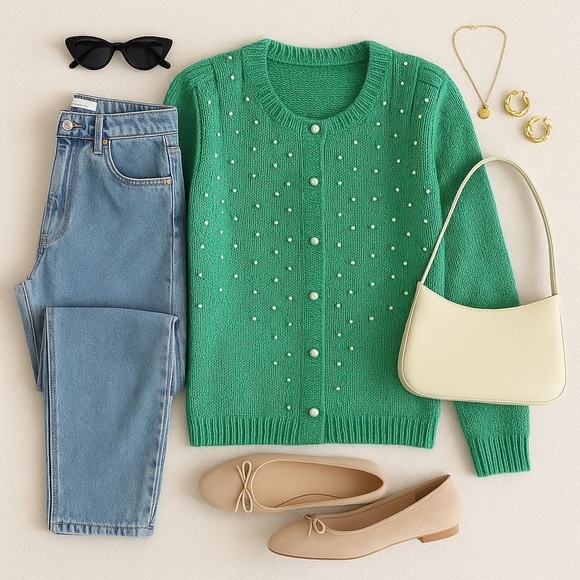 Vintage 80s Hand Knit Green Pearl Embellished Elegant Twinset S/M - Picture 2 of 16